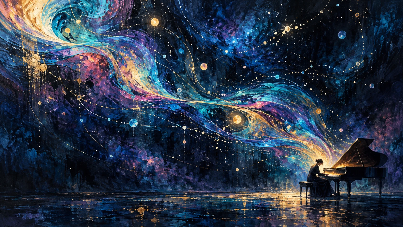 A solitary pianist beneath luminous streams of color and constellations, with their source hidden in a vast midnight sky.