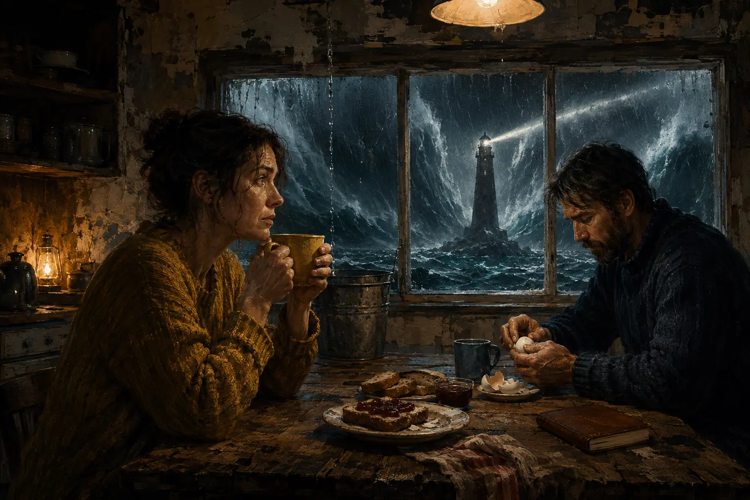 A woman and a man share a last breakfast while a memory-powered lighthouse burns against a black storm beyond their window.