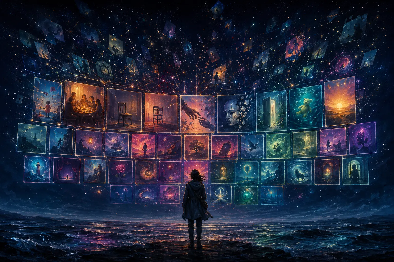 A lone figure stands in a dark sea before a luminous grid of symbolic story moments connected like constellations.