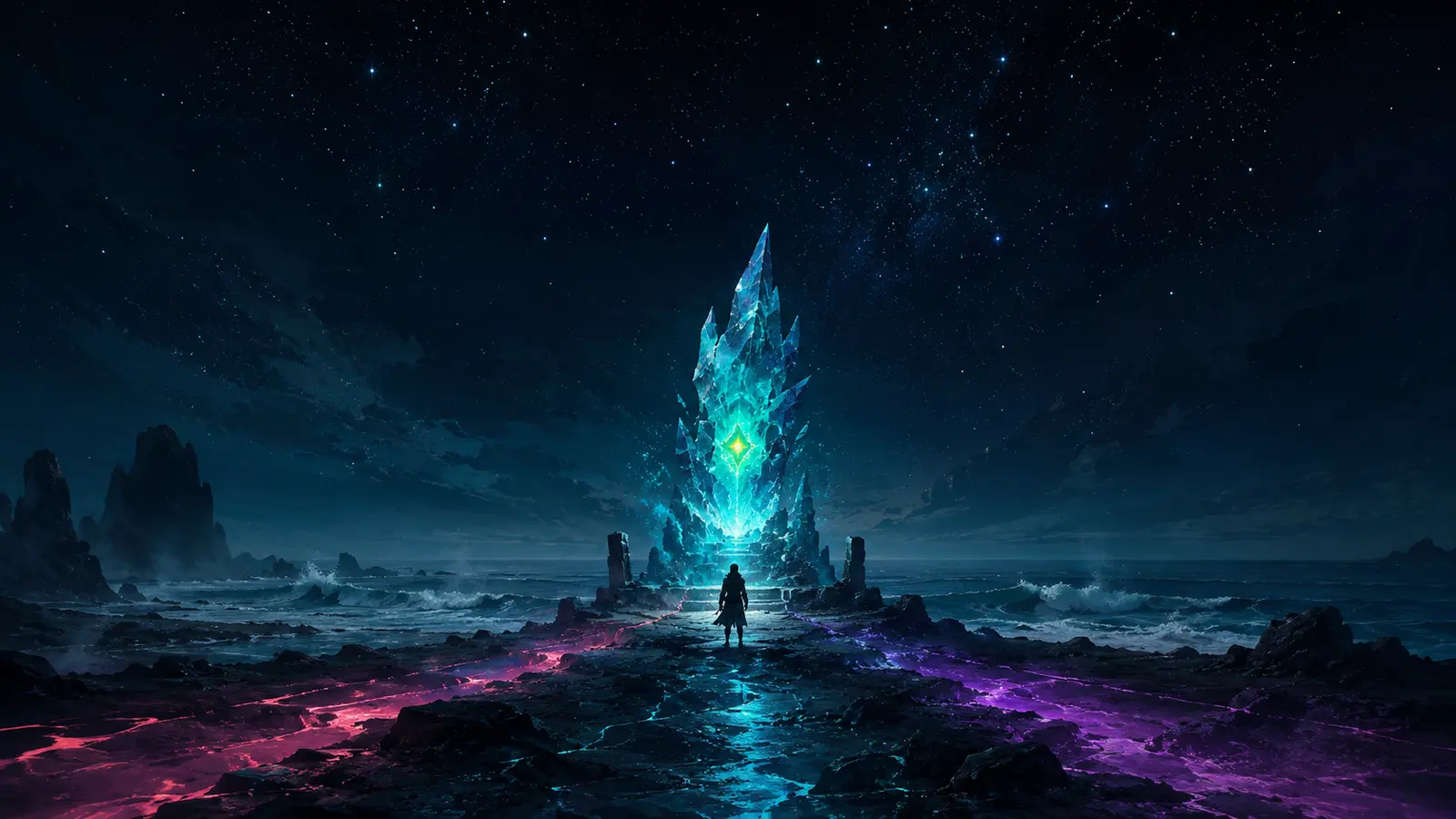 A lone traveler stands on a wet black shore before a luminous cyan crystal beacon as three colored paths converge beneath a star-filled sky.