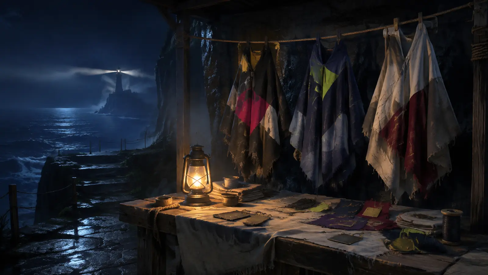 A lamplit worktable faces a storm-dark sea while unfinished navy, magenta, lime, white, and crimson travel cloaks hang beneath a stone shelter; a lighthouse glows across the water.