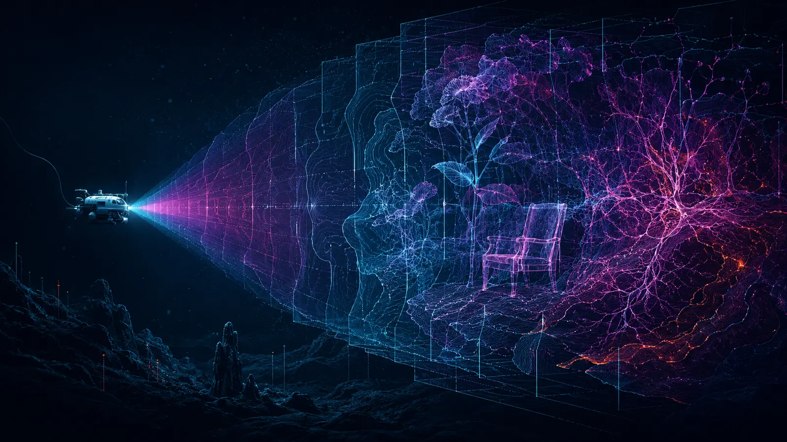A small submersible casts a cyan and magenta sonar beam through overlapping translucent records of a chair, flowers, contour lines, and branching neural forms in a dark abyss.