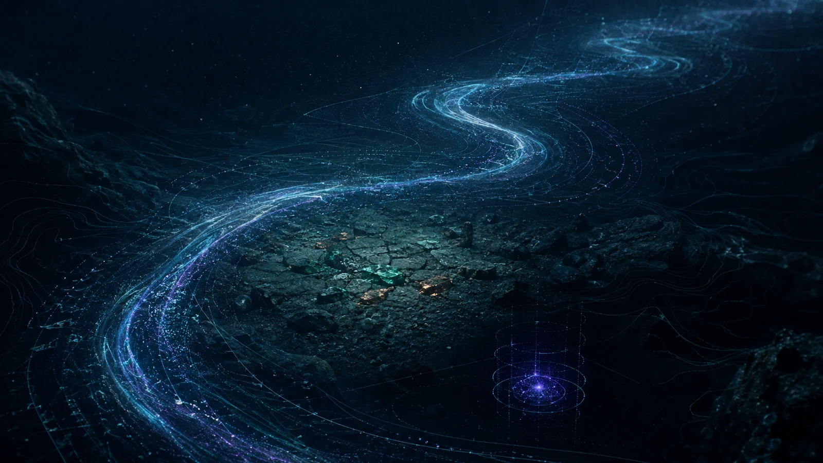 A luminous right-handed current coils above a dark seabed, circling a stone-paved workshop scattered with green malachite and copper glints while a lone violet particle flash glows inside a blueprint-like chamber below.