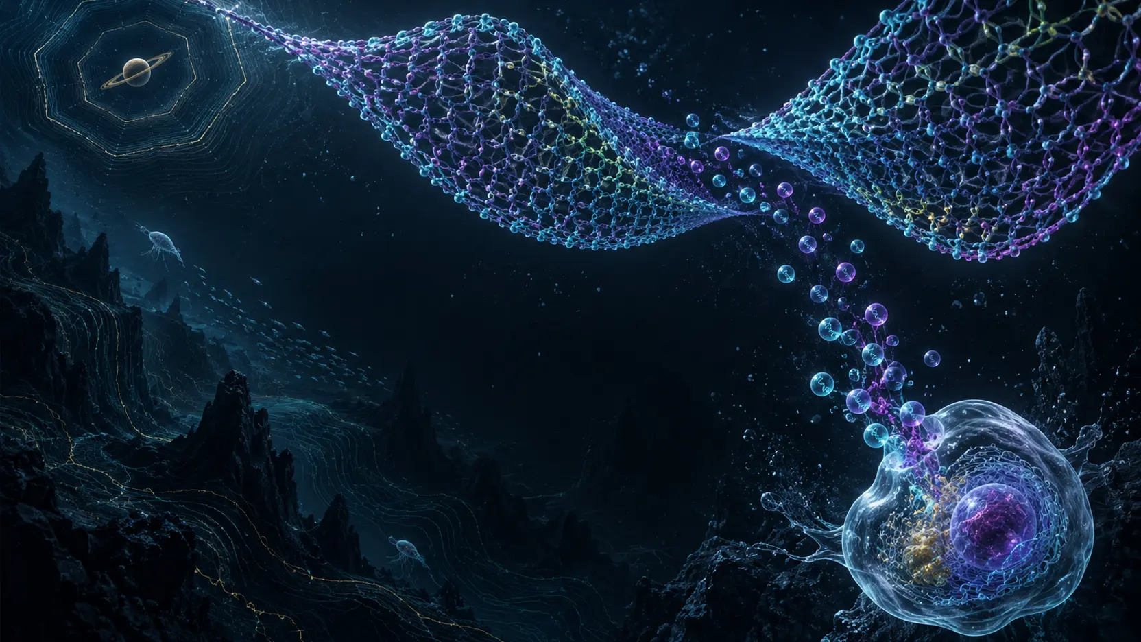 An intact luminous cell releases cyan and violet particles into two suspended knitted folds, while a small ringed planet sits inside a faint ten-sided contour above a dark seafloor.